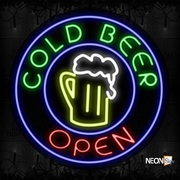 Cold Beer Open With Blue Circle Border And Beer Mug Neon Sign